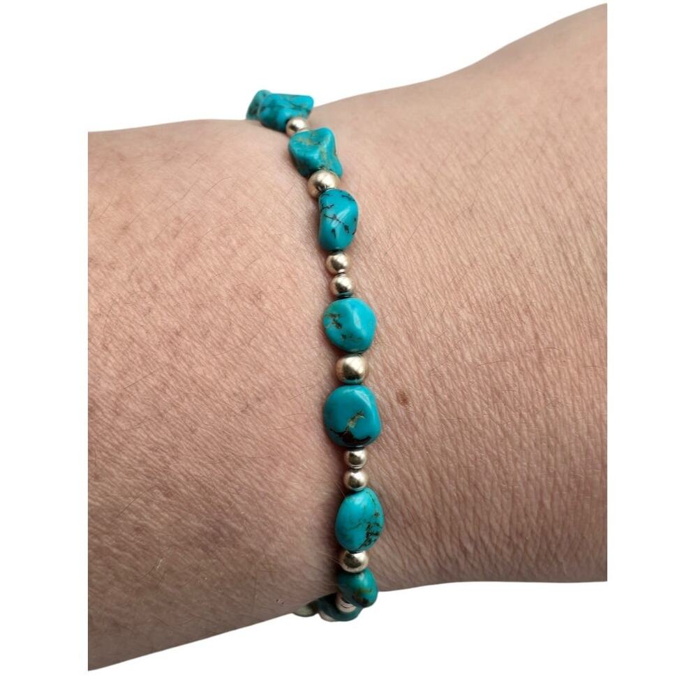 Turquoise Nugget Stretch Bracelet Sterling Silver 925 Natural Stone Stackable